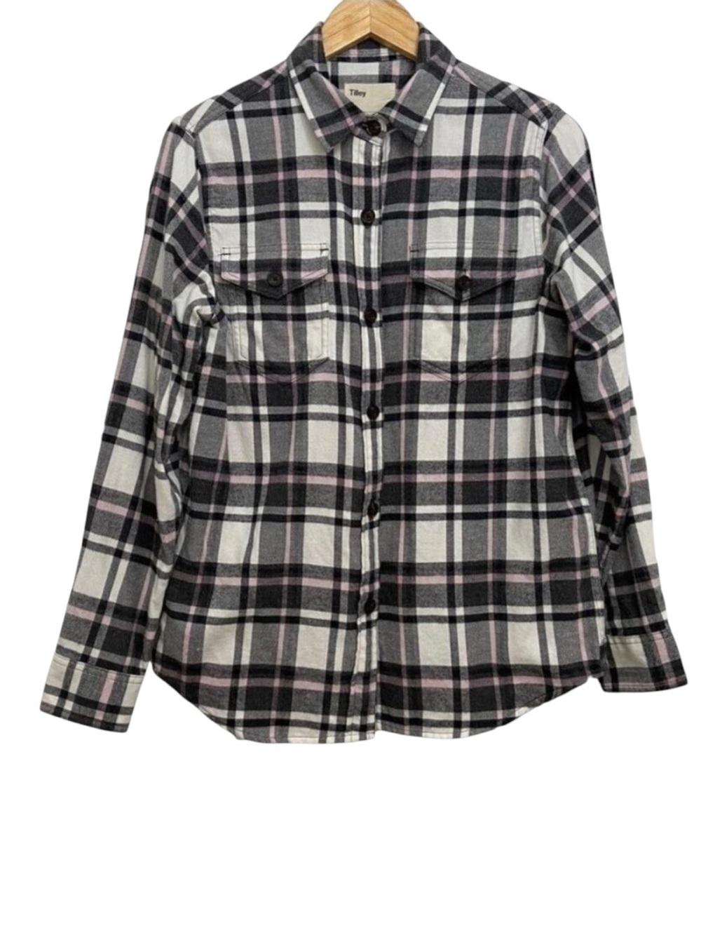 Tilley Flanel plaid shirt 100% cotton pink black ecru white small overshirt S